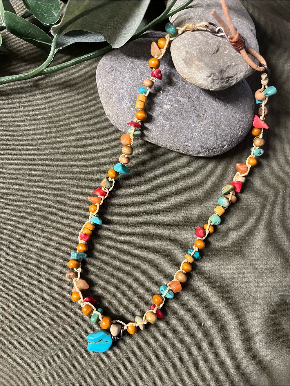 Handcrafted bohoMulticolor Bead Necklace - Turquoise Accent drop bead 9”drop